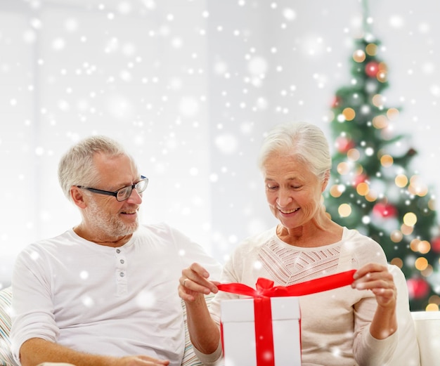 christmas ,family, holidays, age and people concept - happy senior couple with gift box and snow