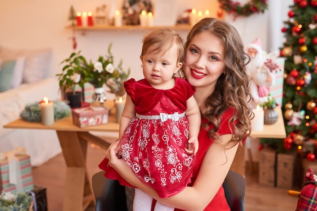 Christmas family Mom and daughter. Merry Christmas and Happy Holidays Portrait.