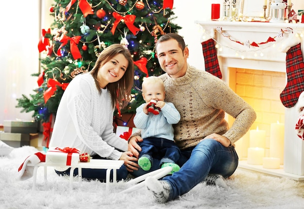 Christmas family portrait in home holiday living room