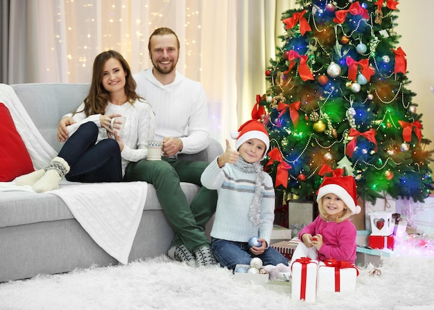 Christmas family portrait in home holiday living room