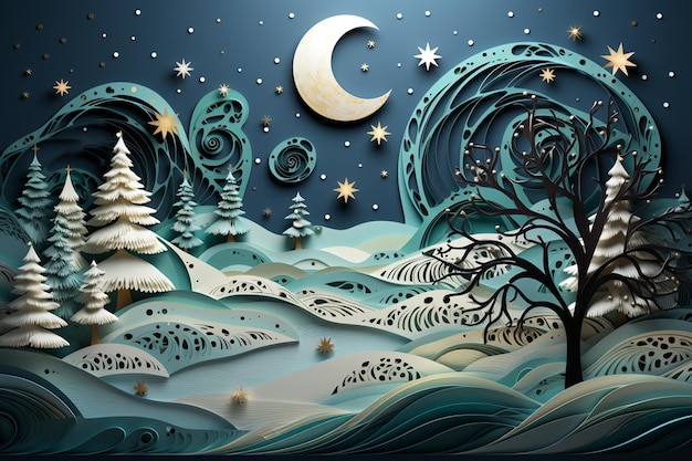 Christmas fantasy landscape paper quilling Illustration with snow trees and moon Festive postcard