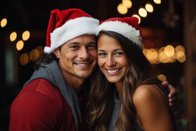 크리스마스 축제: 다른 국적의 커플이 행복한 표정을 가지고 있습니다.
