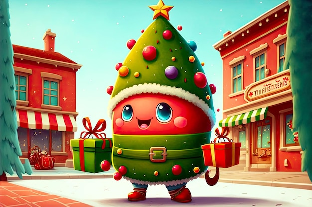 Photo christmas festival cute christmas tree character walking in town