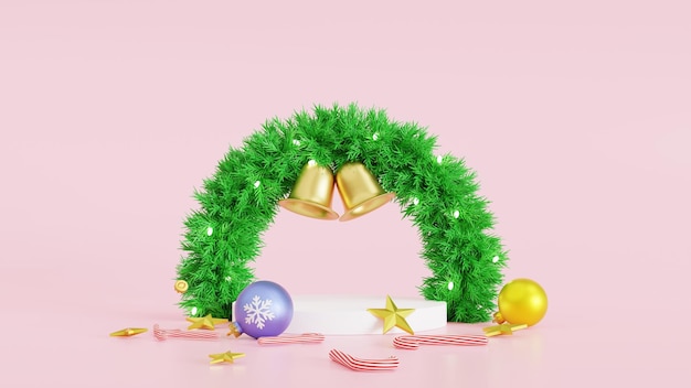 写真 クリスマスお祝い 3 d コンポジション 現実的なステージ表彰台 クリスマス スタジオ 最小限の抽象的な新年背景 3 d イラスト