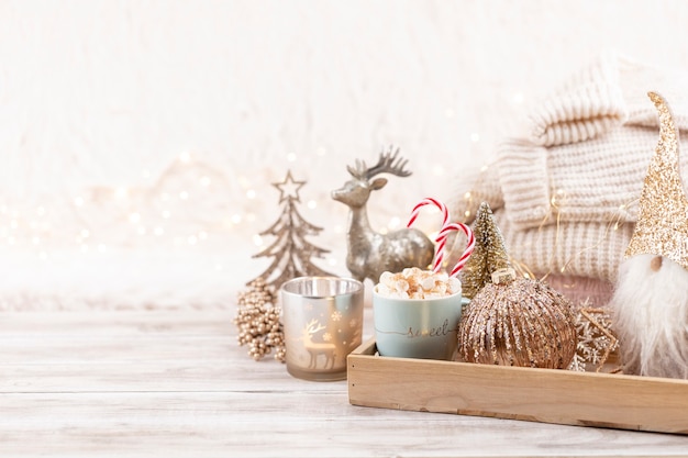 Christmas festive cozy decor still life on wooden background, concept of home comfort and holiday.