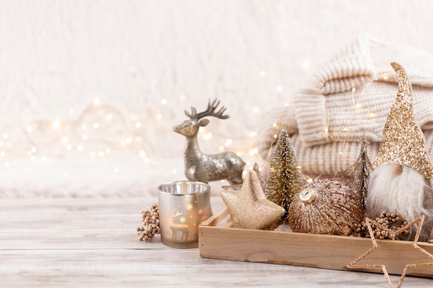 christmas festive cozy decor still life on wooden background, concept of home comfort and holiday.