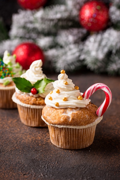 Christmas festive cupcake with different decorations