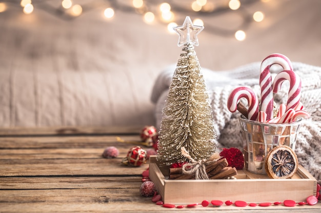 Christmas festive decor still life on wooden wall