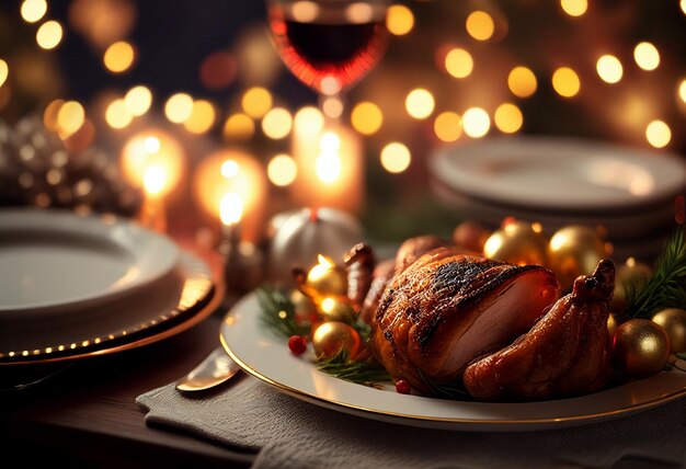 Christmas festive table with roast duck closeup on the background of lights AI Generated