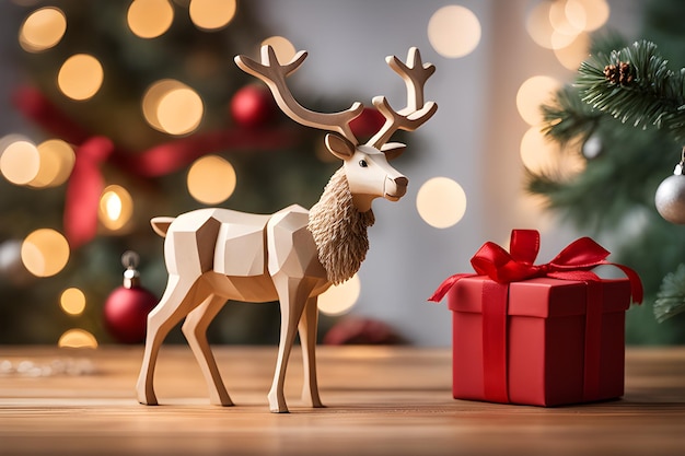 Photo a christmas festive wallpaper of a reindeer wood figurine and a red giftbox