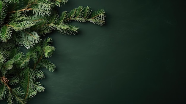 緑の背景にクリスマスのモミの枝