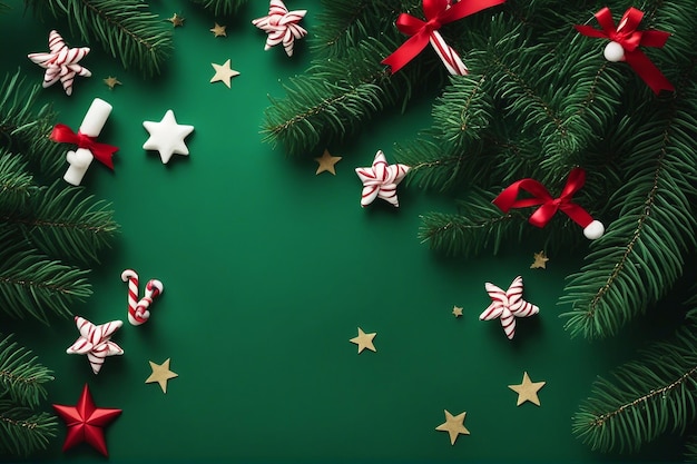 クリスマスのモミの木の枝、季節の飾り、キャンディー杖、星、創造的なフラット横たわっていた