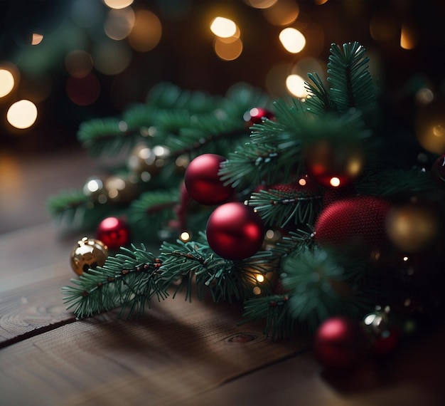 Christmas fir tree branches with toys on wooden table