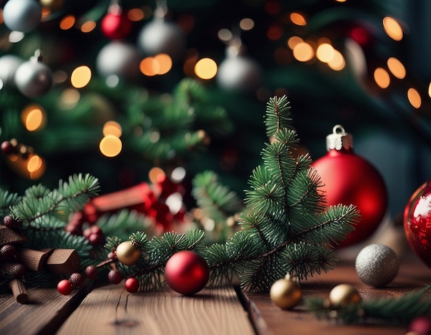 Christmas fir tree branches with toys on wooden table