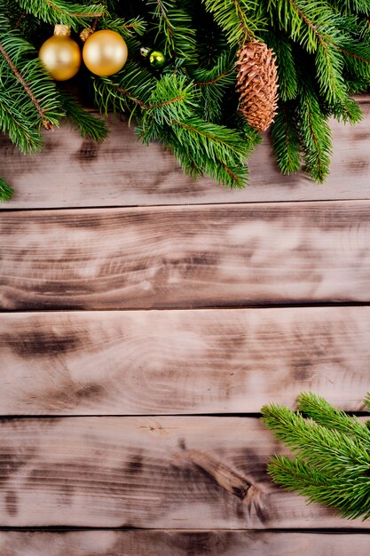 Christmas fir tree on natural rustic wood