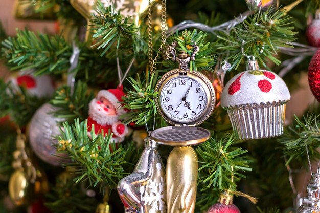 Christmas fir tree with clock, christmas eve, new year.