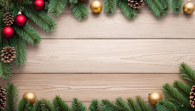 木製の背景にクリスマスのモミの木