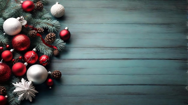 Foto albero di natale su sfondo di tavolo di legno con spazio di copia