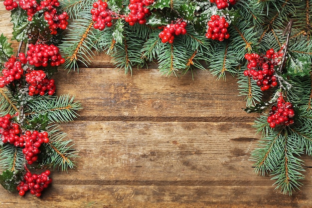 Christmas fir tree on wooden table