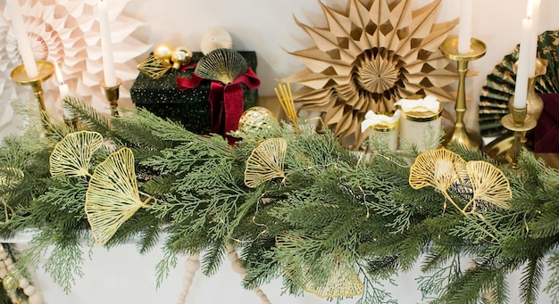 Christmas fireplace with golden vintage decorations