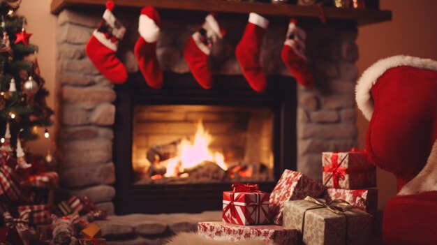 A christmas fireplace with presents and stockings by it