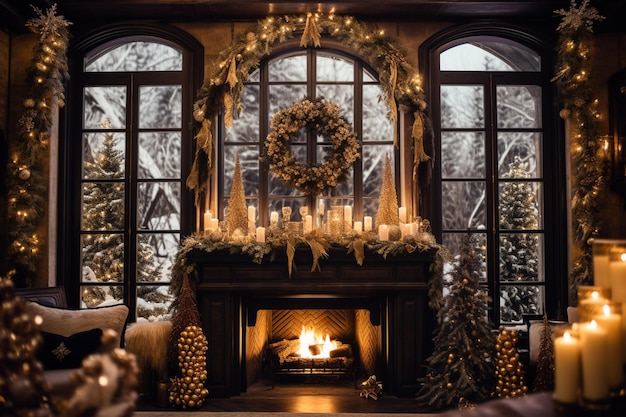 A christmas fireplace with a wreath and a fire in the window