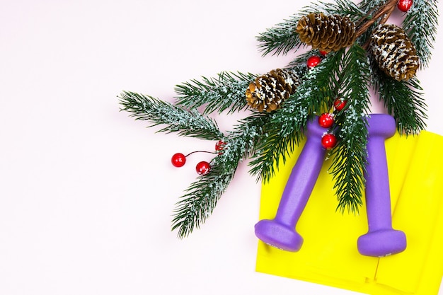 크리스마스 피트니스. 건강하고 활동적인 라이프 스타일 개념. 분홍색에 보라색 아령, 노란색 고무 밴드, 사탕 및 전나무