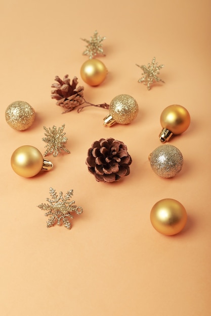 christmas flat lay in all gold with christmas balls