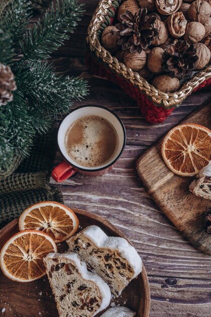 Christmas flat lay cake on a wooden table