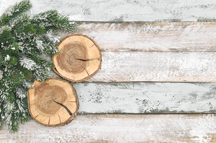 Photo christmas flat lay mock up with wooden decoration