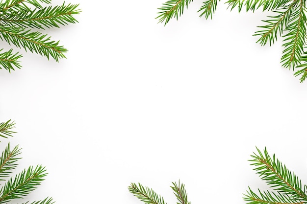 Christmas flat lay with fir tree branches and copy space on white background.