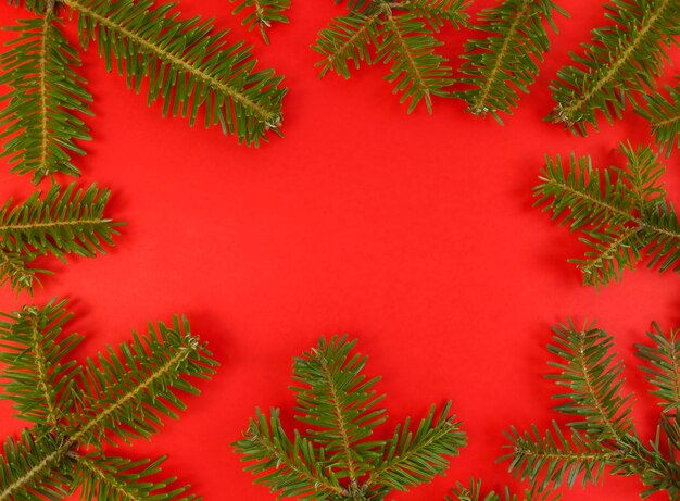 Christmas flat lay with fir tree branches frame on a red background and copy space inside.