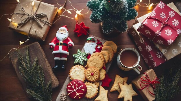 Christmas flat lay on wooden background