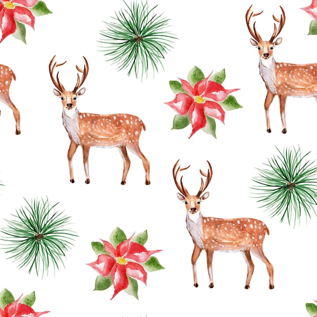 Christmas flower deer and spruce watercolor seamless pattern