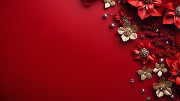 Christmas flowers on a red background with blank space for greeting text generative ai