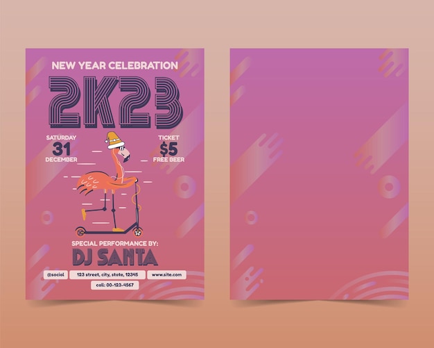 Christmas flyers in modern art deco style Happy New Year 2023 celebration party cards with flamingo on the scooter Xmas poster Stock