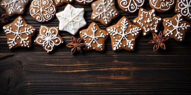 Рождественская еда пекарня печь выпечка фотография фона крупный план многих имбирных печеньев с белым глазуром украшение на темном деревянном столе верхнего вида