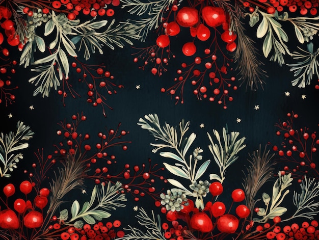 A christmas frame adorned with fir branches on red background in the style of spectacular backdrops