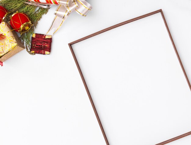 Christmas frame. Christmas gifts, Idea, bows, decor. Flat lay