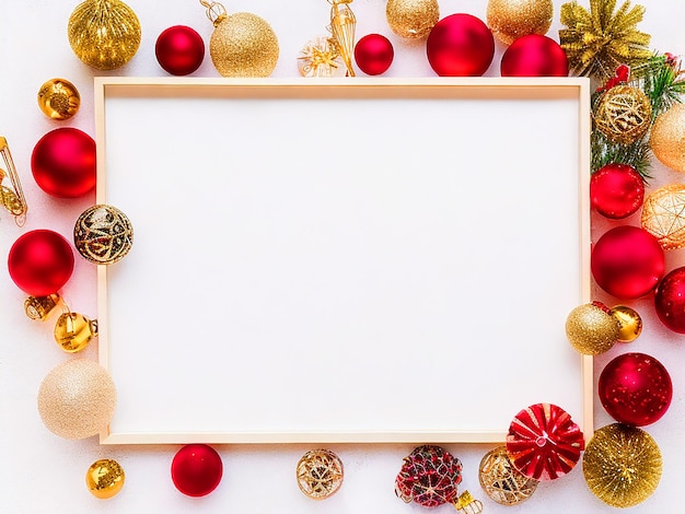 Christmas frame featuring a mix of red and gold Christmas decorations on a clean white background