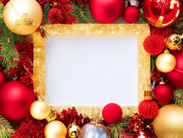 Christmas frame featuring a mix of red and gold Christmas decorations on a clean white background