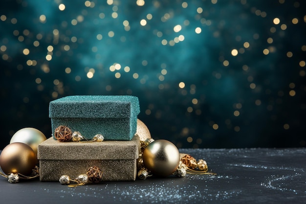 Рождественская рамка из золотых и синих рождественских украшений на доске, созданная AI