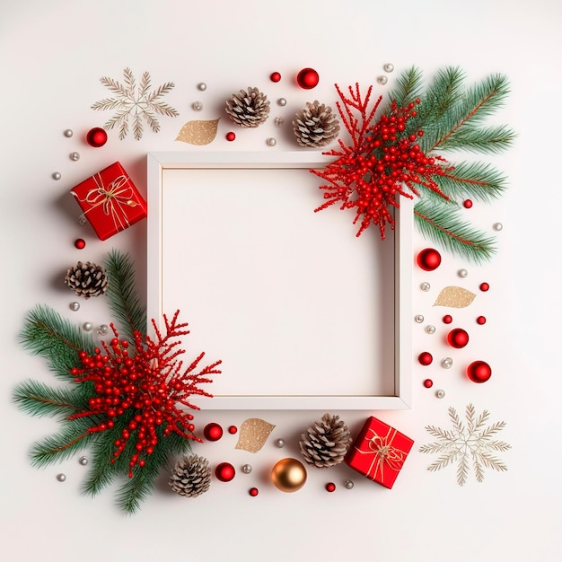 Christmas frame made of fir branches red berries christmas\
wallpaper flat lay top view