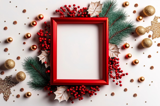 Christmas frame made of fir branches red berries Christmas wallpaper Flat lay top view