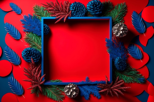 Christmas frame made of fir branches red berries christmas\
wallpaper flat lay top view