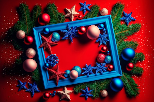 Christmas frame made of fir branches red berries christmas\
wallpaper flat lay top view