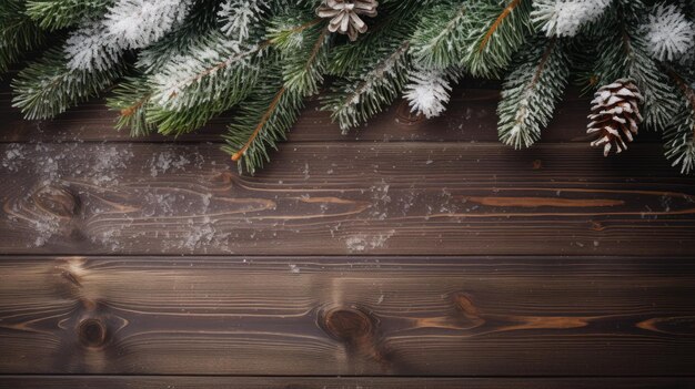 Christmas frame of pine branches fir cones on wooden background AI Flat lay top view copy space