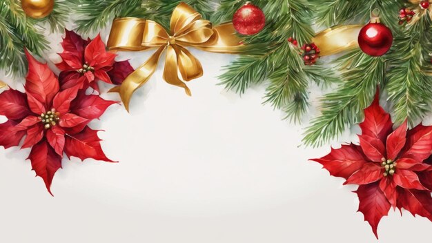 사진 크리스마스 프레임 포인세티아 빨간 베리 금색 리본 수채화 스타일