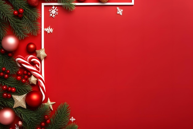 Рождественская рамка для текста с еловыми украшениями и подарками на красном фоне