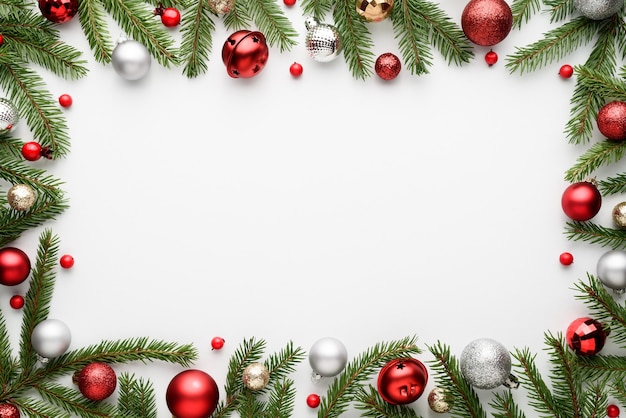 Christmas frame on white background. Top view, flat lay with copy space for text